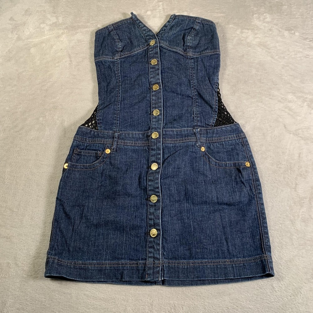 Y2K Sean John‎ Denim Dress Womens Size 13 Button Front Mesh Back Halter Pockets